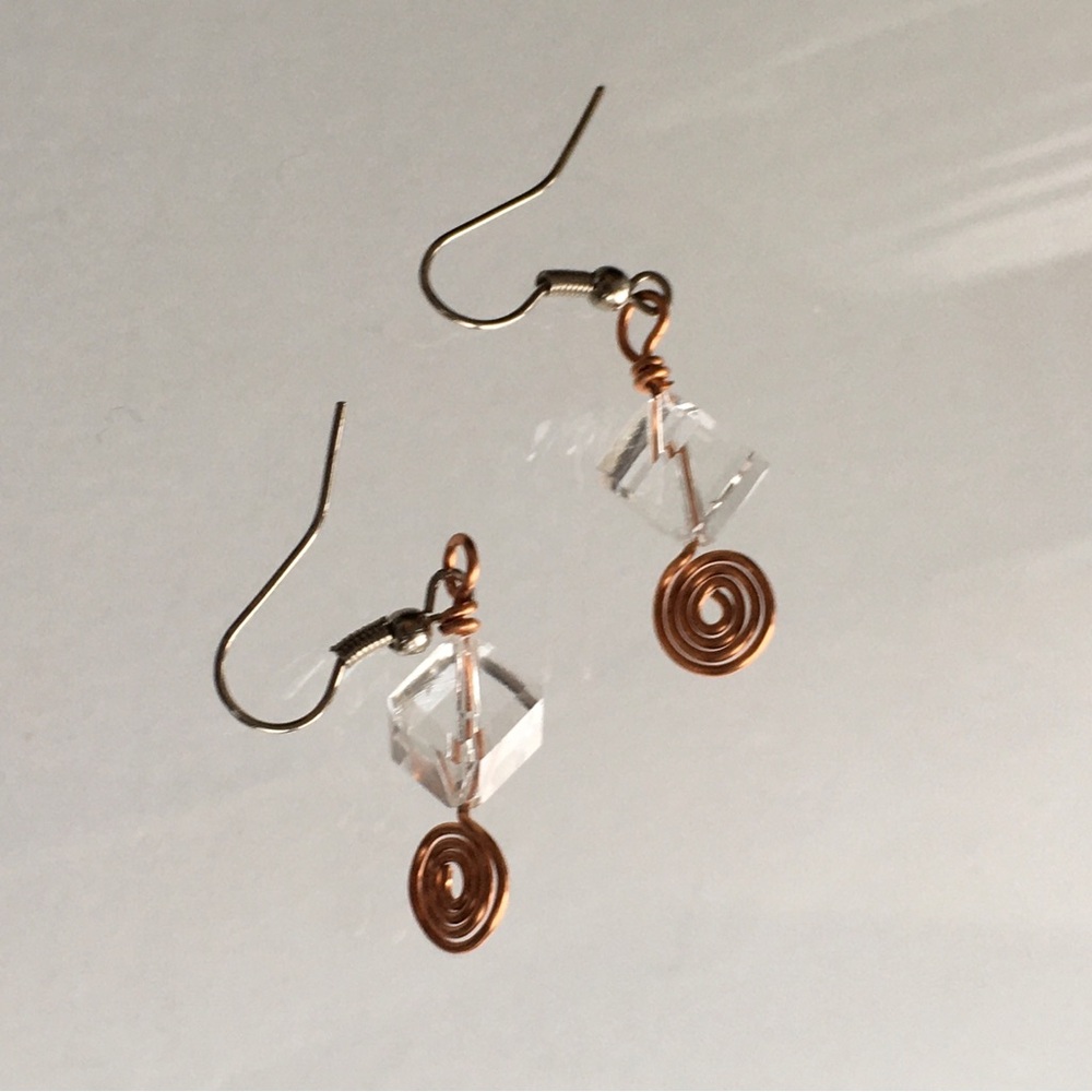 1 3/4” Copper Spiral & Glass Cube Dangle Drop Earrings